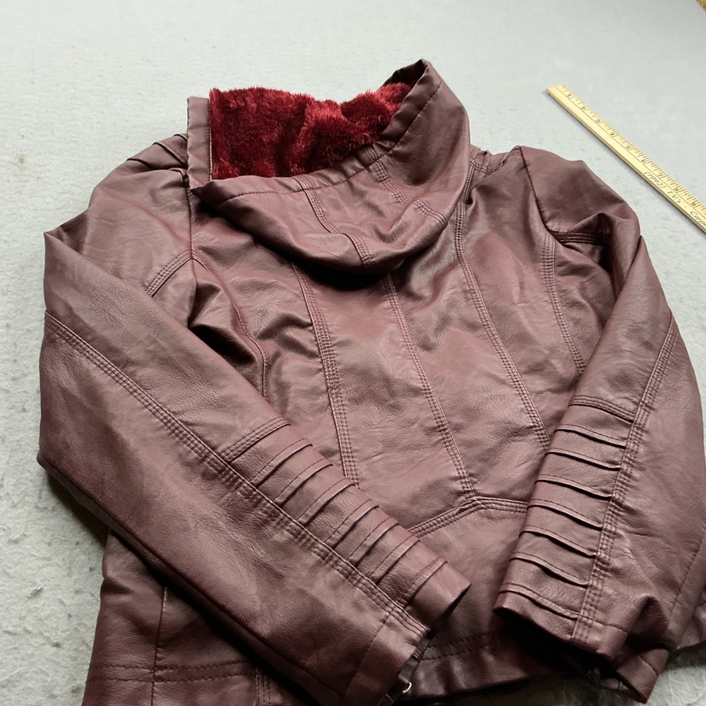 Burgundy Faux Leather Hooded Moto Jacket Faux Fur Lined Pockets Med Streetwear - Picture 6 of 16